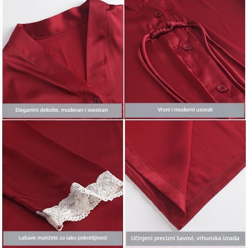 Set pidžama za parove od ledene svile, tradicionalni kineski stil, V-izrez, dugi rukavi, dugačke hlače