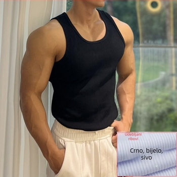 Muška potkošulja bez rukava u obliku I za fitness, pamuk upija znoj, grubom pleteninom 2x2, sportski stil, kružni izrez