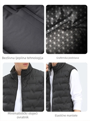 Unisex proljetno-zimska bezrukavna down vesta sa stojećim ovratnikom, lagana, sadržaj 86–90% perja, 50–100 g punjenja, prednji zip, poliesterska tkanina