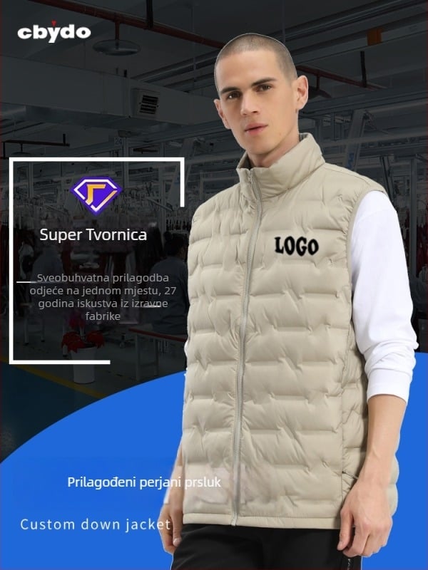 Unisex proljetno-zimska bezrukavna down vesta sa stojećim ovratnikom, lagana, sadržaj 86–90% perja, 50–100 g punjenja, prednji zip, poliesterska tkanina