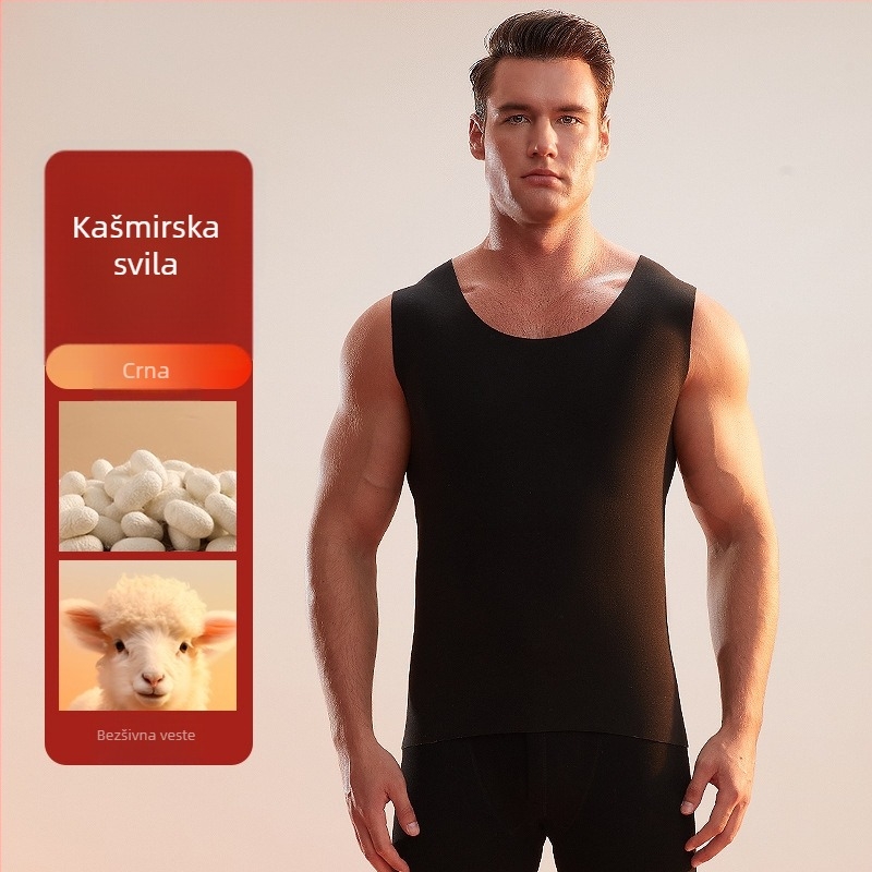 Muški termo prsluk, kašmir-poliester smjesa, debela tkanina 251–300 g/m², okrugli ovratnik, pogodan za zimu, proljeće i jesen