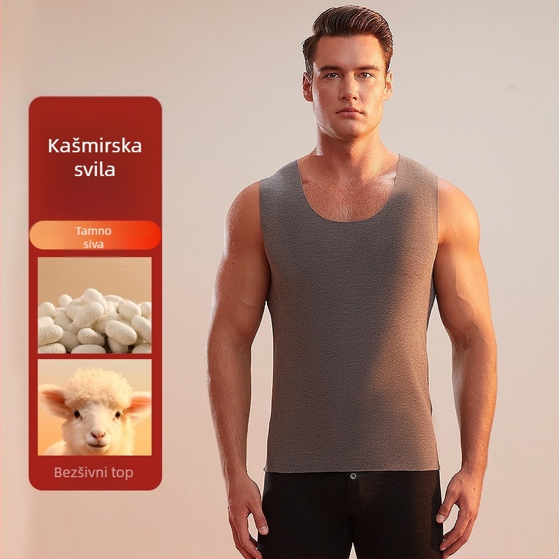 Muški termo prsluk, kašmir-poliester smjesa, debela tkanina 251–300 g/m², okrugli ovratnik, pogodan za zimu, proljeće i jesen