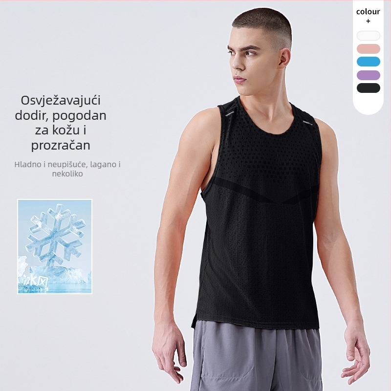 Muška brzosušna bezrukav majica za trčanje — karirani uzorak, 100% poliester, Ice Silk, upija znoj, ljeto