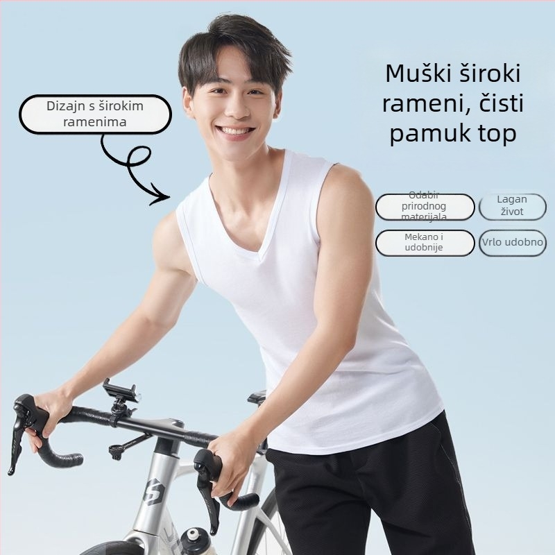 Muška pamučna vesta bez rukava, širokih ramena, V-izrez, ležerni stil, 95–100% pamuka, gustoća tkanine 181–200 g/m²