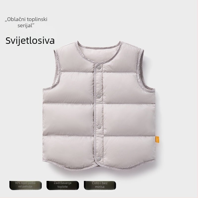 Dječji prsluk od perja za zimu, bez rukava; punjenje: 90% bijelog patkanog down; vanjska i podstava od najlona; srednja duljina, udoban slobodan kroj; za djecu od 1 do 3 godine.