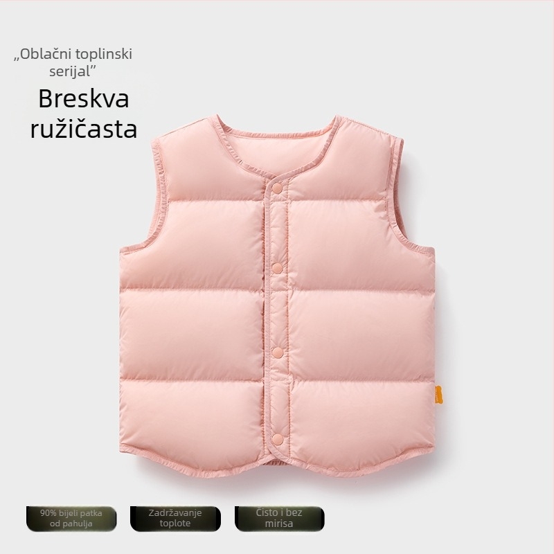 Dječji prsluk od perja za zimu, bez rukava; punjenje: 90% bijelog patkanog down; vanjska i podstava od najlona; srednja duljina, udoban slobodan kroj; za djecu od 1 do 3 godine.