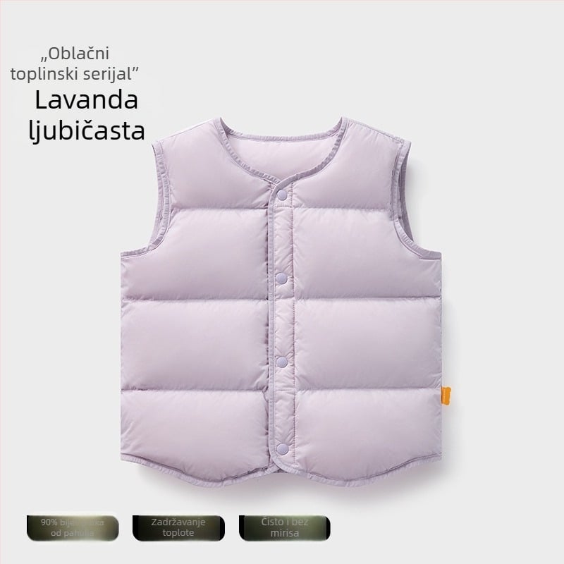 Dječji prsluk od perja za zimu, bez rukava; punjenje: 90% bijelog patkanog down; vanjska i podstava od najlona; srednja duljina, udoban slobodan kroj; za djecu od 1 do 3 godine.