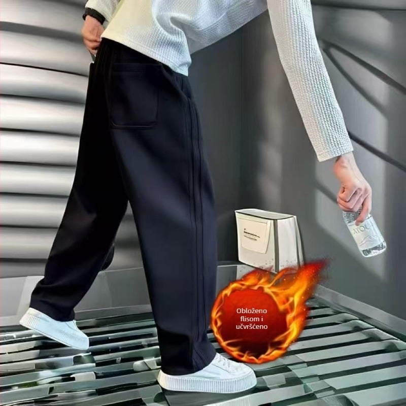 Muške hlače ravnog kroja, opuštene, casual, od poliesterskog vlakna, blaga elastičnost, srednji pojas, duge hlače