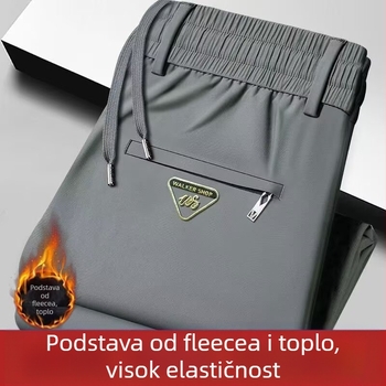 Muške flis hlače za termalnu upotrebu, guste zimske, ravnog kroja, s elastičnim pojasom i vezicama, 100% poliester