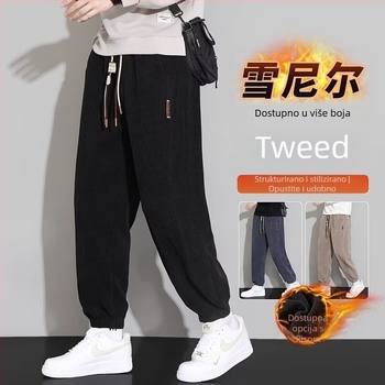Corduroy fleece-lined muške sportske hlače, opuštena krojena, duge, srednje-visoki pas s vezicom, zima