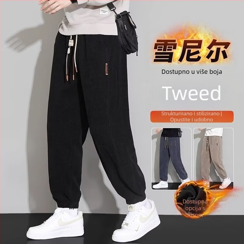 Corduroy fleece-lined muške sportske hlače, opuštena krojena, duge, srednje-visoki pas s vezicom, zima