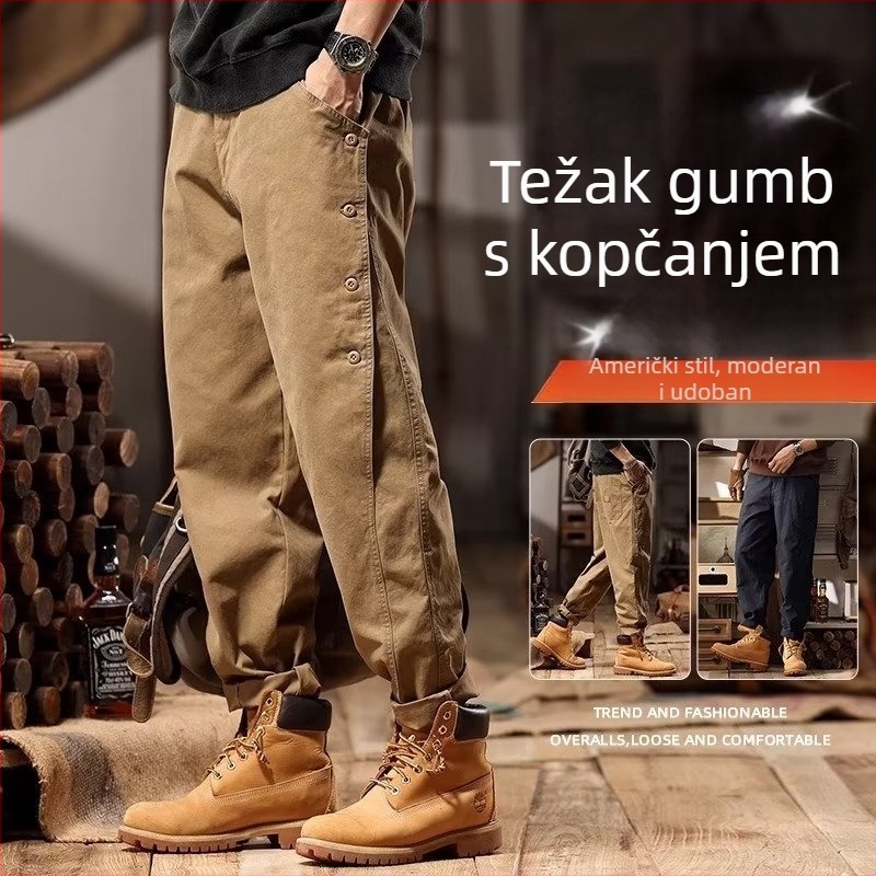 Radničke casual hlače za muškarce, širokog kroja, duge, s prednjim kopčanjem, patchwork detalji, poliester mješavina