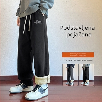 Muške sportske hlače s flis podstavom, poliester s 6% elastana, široki kroj, srednji pojas, prugasti uzorak