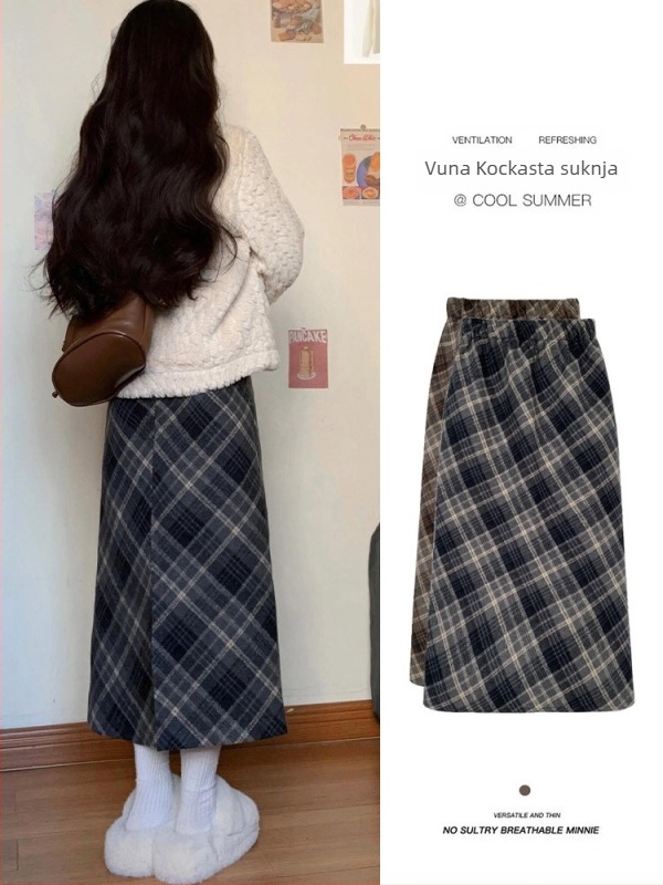 Kockasta polusuknja, vuneno-mješavina tkanine, srednja duljina, casual japansko-korejski stil, poliester vlakno