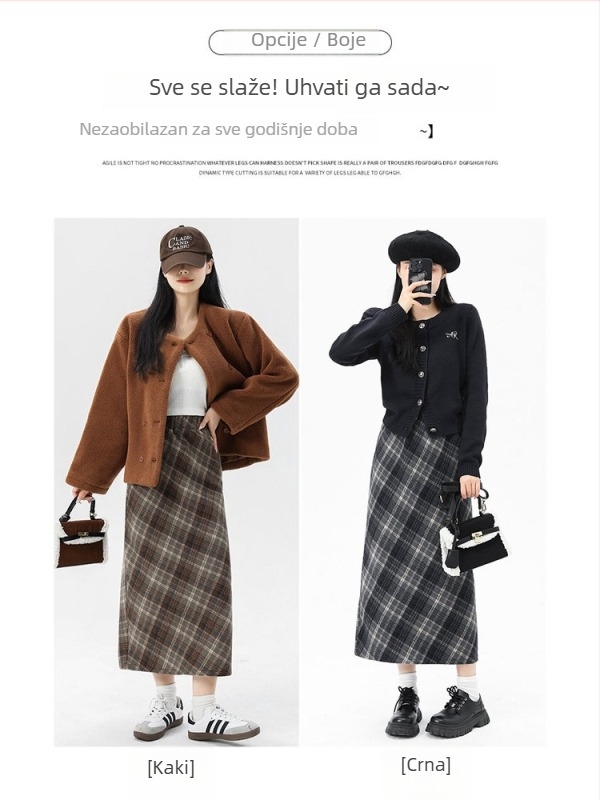 Kockasta polusuknja, vuneno-mješavina tkanine, srednja duljina, casual japansko-korejski stil, poliester vlakno