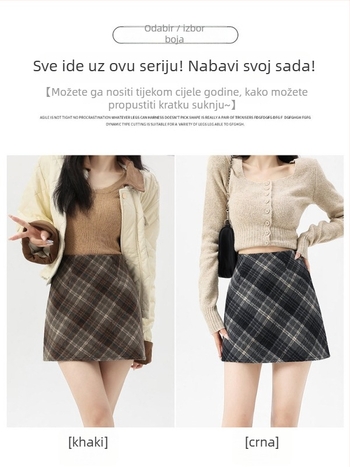 A-linije vunena karirana kratka suknja, visok pojas, jesen 2025