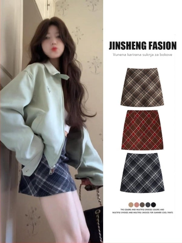 A-linije vunena karirana kratka suknja, visok pojas, jesen 2025