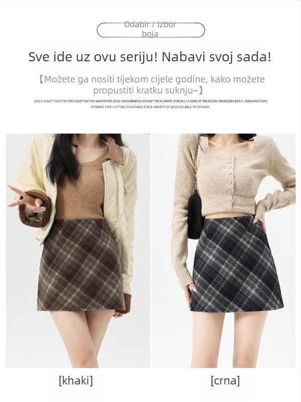 A-linije vunena karirana kratka suknja, visok pojas, jesen 2025
