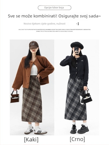 Polu-suknja s kariranim uzorkom od vunenog materijala, kratka duljina, bez elastnosti