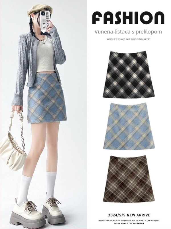 Vunena karirana wrap mini suknja, visokim strukom, A-linija, brušena tkanina, 50-70% polyester, <30% pamuk, zima 2025