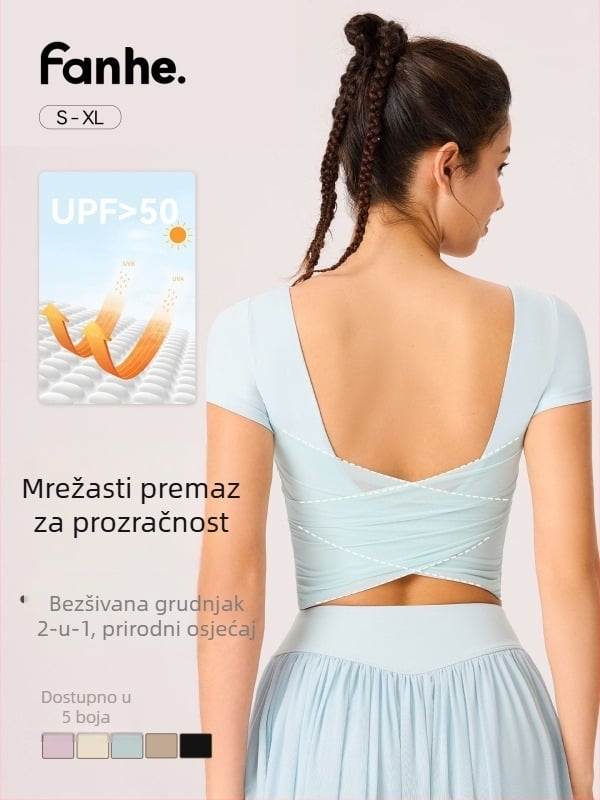 Ženski joga top s mrežastim leđima, vitki izgled, s integriranim košaricama, kratki rukavi, uski kroj, najlon/elastan 81%/19%