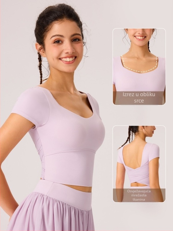 Ženski joga top s mrežastim leđima, vitki izgled, s integriranim košaricama, kratki rukavi, uski kroj, najlon/elastan 81%/19%