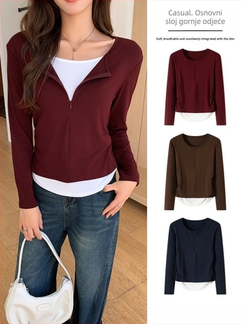 Majica od viskoze i spandeksa, dugi rukav, nisko okrugli izrez, japansko-korejski casual stil