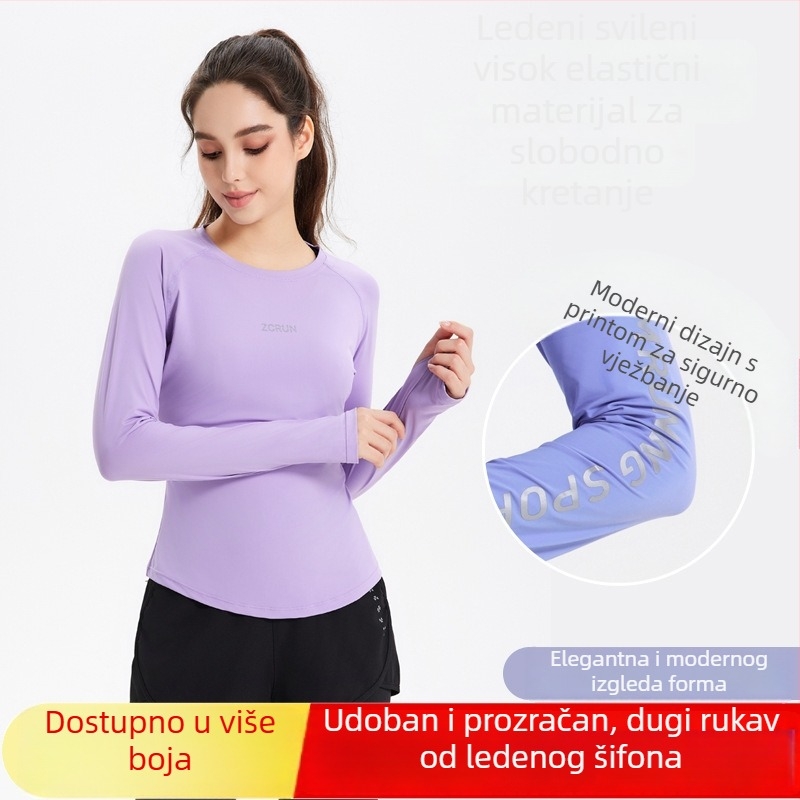 Ženski dugi rukav sportski top za jogu i trčanje, poliester, Slim fit, okrugli izrez, standardna duljina (Poliester • Slim fit • Okrugli izrez • Standardna duljina)