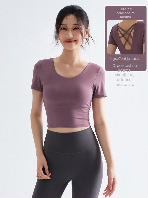 Ženski ljetni sportski T-shirt, tanak, U izrez, kratki rukavi, tijesan kroj, 93,3% poliester / 6,7% elastan, s umetkom za prsa