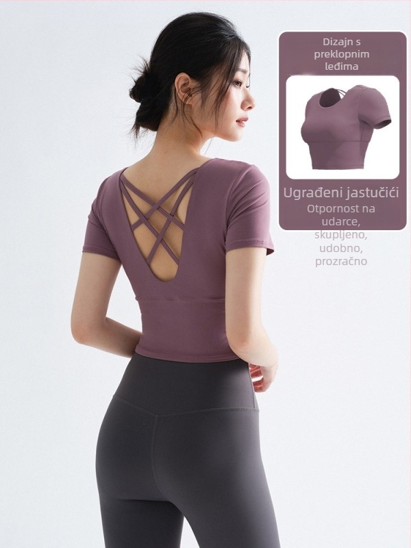 Ženski ljetni sportski T-shirt, tanak, U izrez, kratki rukavi, tijesan kroj, 93,3% poliester / 6,7% elastan, s umetkom za prsa