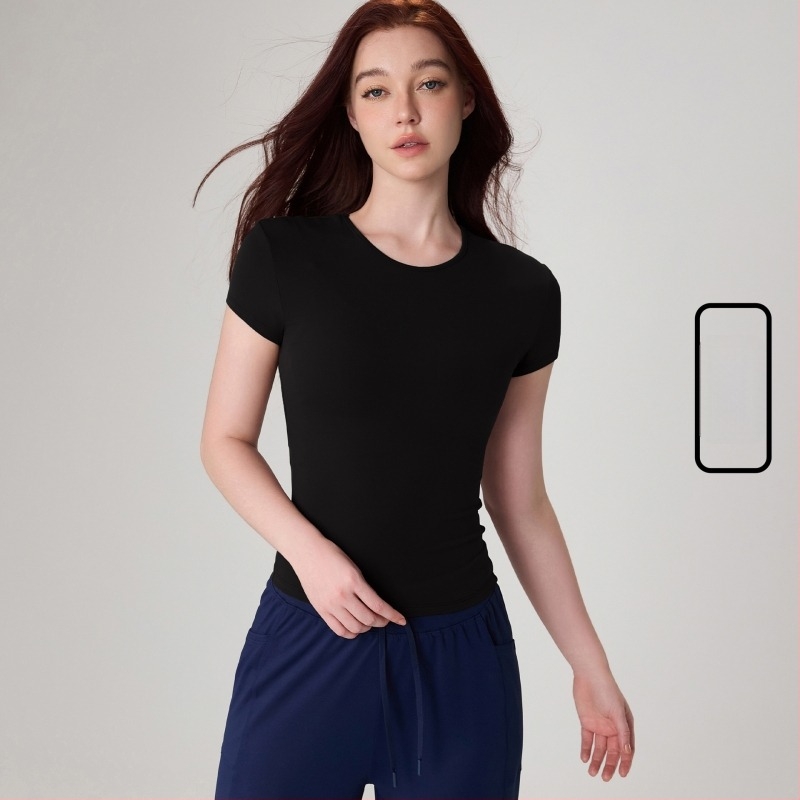 Ženska joga majica - uska kroj, okrugli izrez, kratki rukavi, duljina do bokova, Nylon 91%/Spandex 9% (150 g)