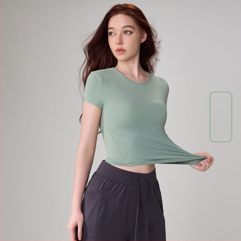 Ženska joga majica - uska kroj, okrugli izrez, kratki rukavi, duljina do bokova, Nylon 91%/Spandex 9% (150 g)