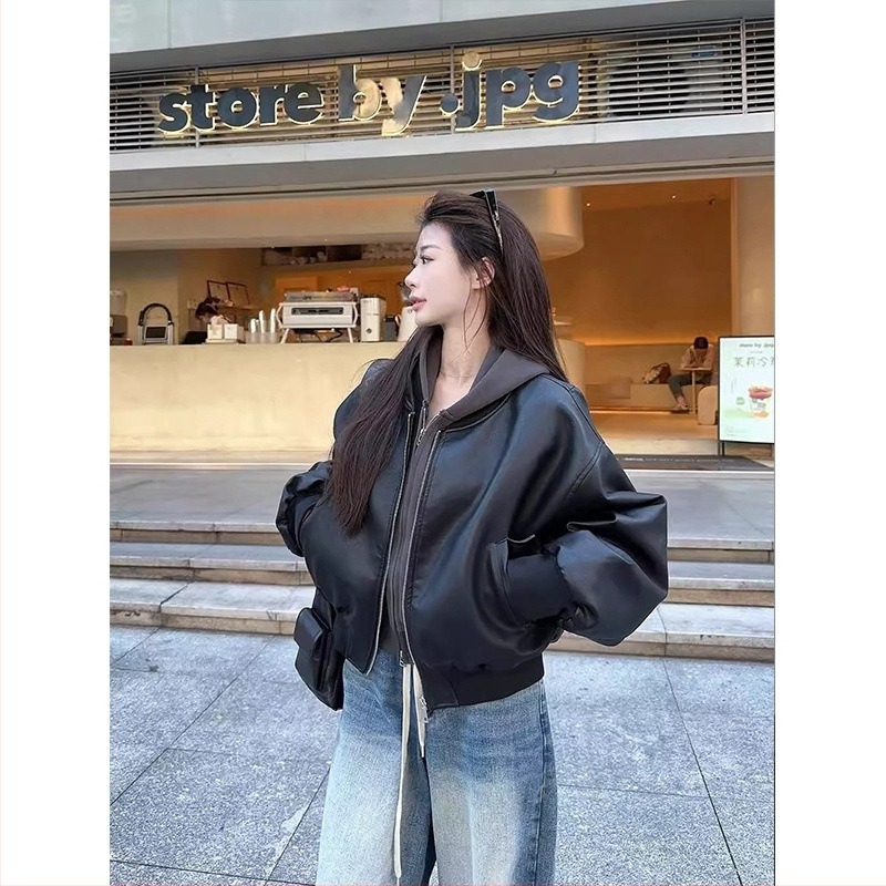 Ženska PU kožna jakna, gradski stil, dugi lepršavi rukavi, ovratnik baseball s zatvaračem, duljina 50–65 cm