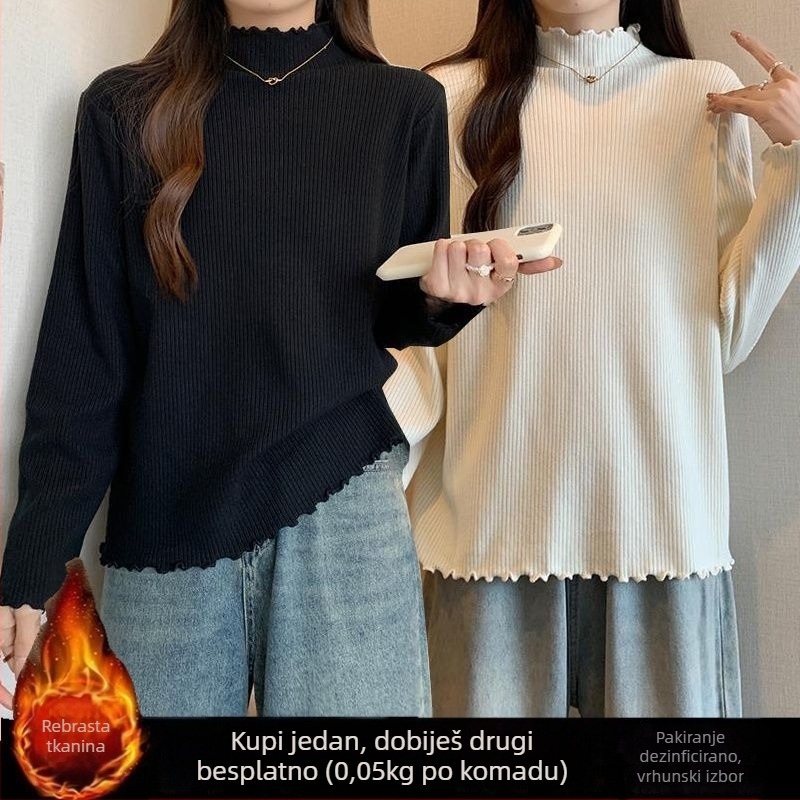 Majica od viskoze s flis podstavom, polu-visoki ovratnik, oversize, dugi rukav