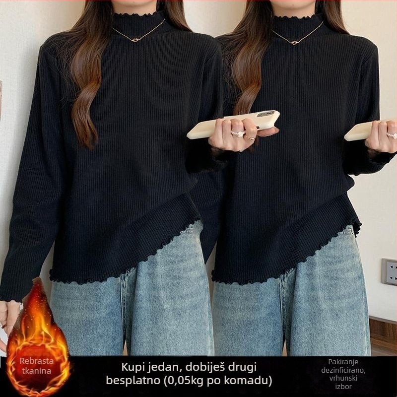 Majica od viskoze s flis podstavom, polu-visoki ovratnik, oversize, dugi rukav