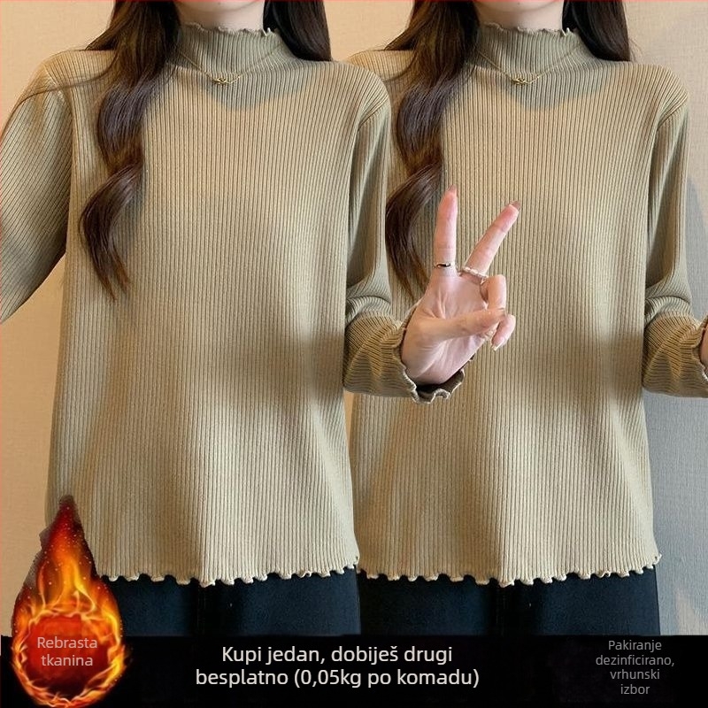 Majica od viskoze s flis podstavom, polu-visoki ovratnik, oversize, dugi rukav