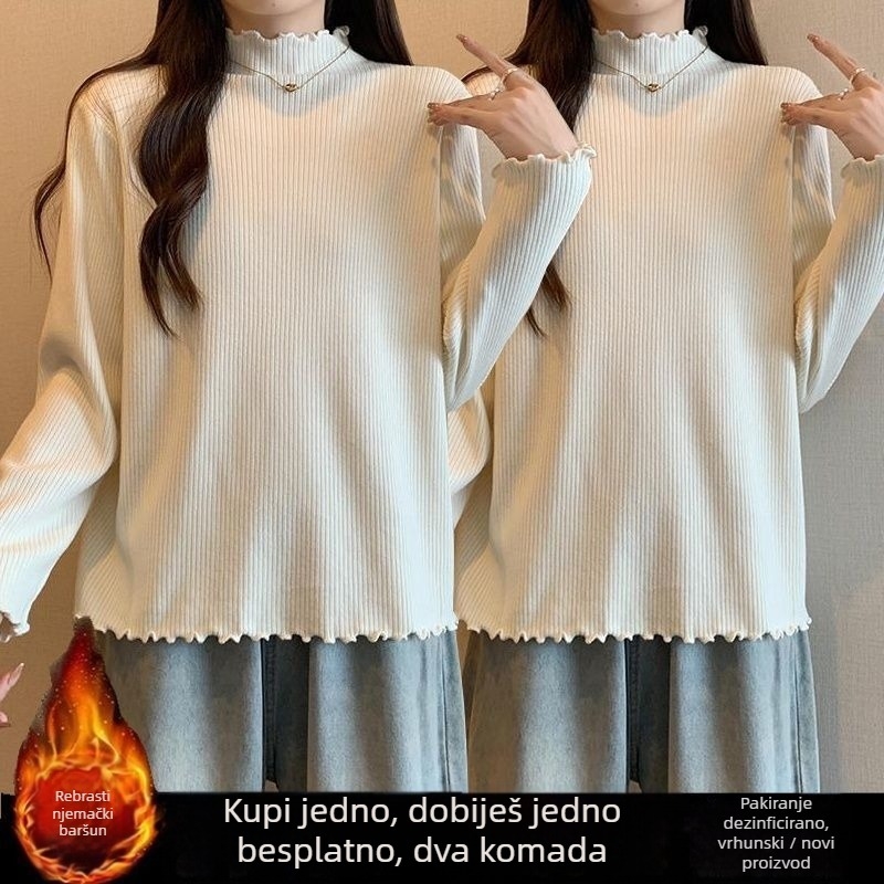 Majica od viskoze s flis podstavom, polu-visoki ovratnik, oversize, dugi rukav