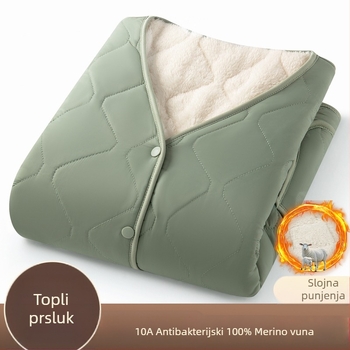 Vesta s vunenim punjenjem, vanjski najlon, V-izrez, jednostrano kopčanje s više gumba, geometrijski uzorak