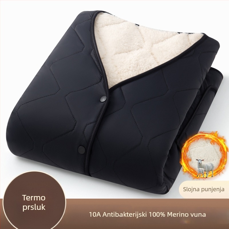 Vesta s vunenim punjenjem, vanjski najlon, V-izrez, jednostrano kopčanje s više gumba, geometrijski uzorak