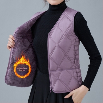 Ženska vesta od flisa i pamuka, uskog kroja, V-izrez, uzorci dijamantne mreže i točkice, punilo poliester, standardna duljina