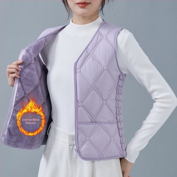 Ženska vesta od flisa i pamuka, uskog kroja, V-izrez, uzorci dijamantne mreže i točkice, punilo poliester, standardna duljina