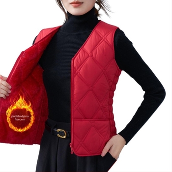 Ženska vesta od flisa i pamuka, uskog kroja, V-izrez, uzorci dijamantne mreže i točkice, punilo poliester, standardna duljina