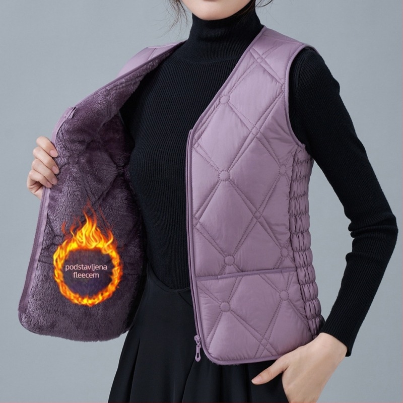 Ženska vesta od flisa i pamuka, uskog kroja, V-izrez, uzorci dijamantne mreže i točkice, punilo poliester, standardna duljina