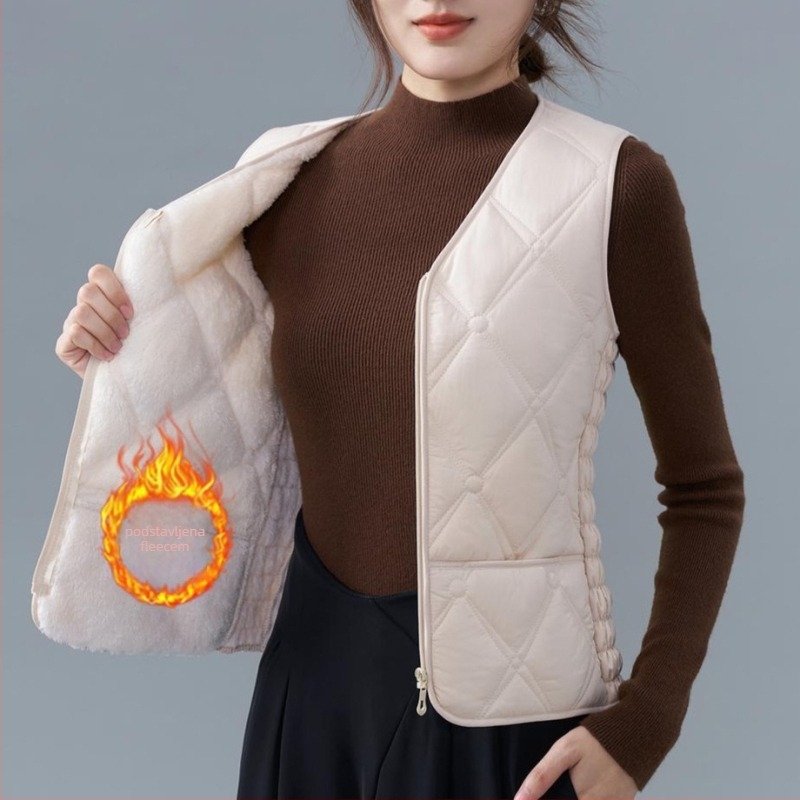 Ženska vesta od flisa i pamuka, uskog kroja, V-izrez, uzorci dijamantne mreže i točkice, punilo poliester, standardna duljina