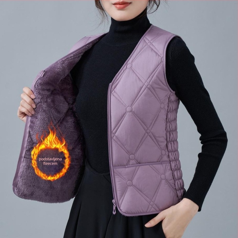 Ženska vesta od flisa i pamuka, uskog kroja, V-izrez, uzorci dijamantne mreže i točkice, punilo poliester, standardna duljina