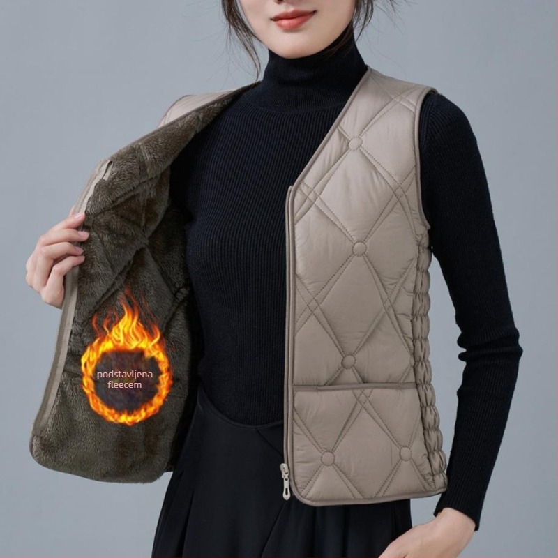 Ženska vesta od flisa i pamuka, uskog kroja, V-izrez, uzorci dijamantne mreže i točkice, punilo poliester, standardna duljina