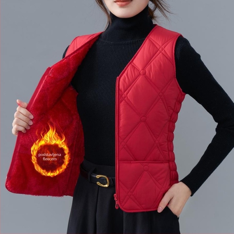 Ženska vesta od flisa i pamuka, uskog kroja, V-izrez, uzorci dijamantne mreže i točkice, punilo poliester, standardna duljina