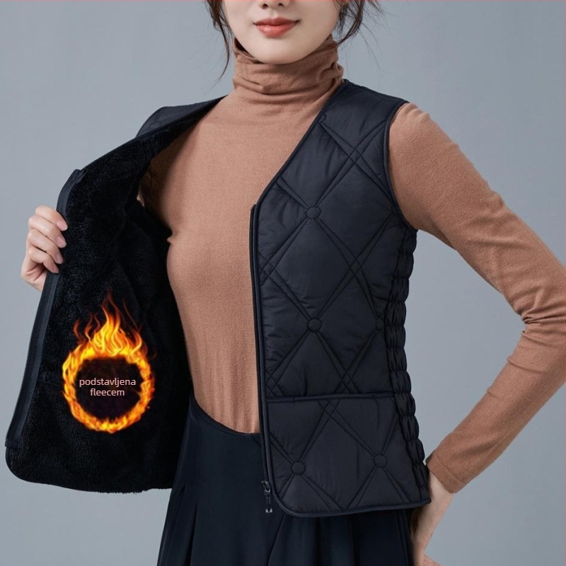 Ženska vesta od flisa i pamuka, uskog kroja, V-izrez, uzorci dijamantne mreže i točkice, punilo poliester, standardna duljina