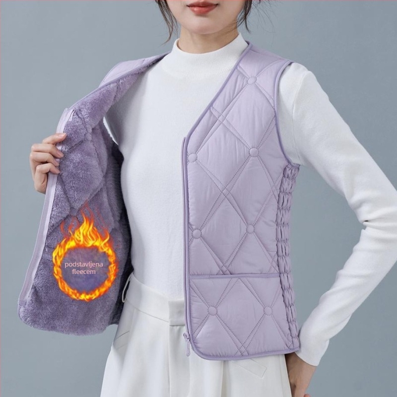 Ženska vesta od flisa i pamuka, uskog kroja, V-izrez, uzorci dijamantne mreže i točkice, punilo poliester, standardna duljina