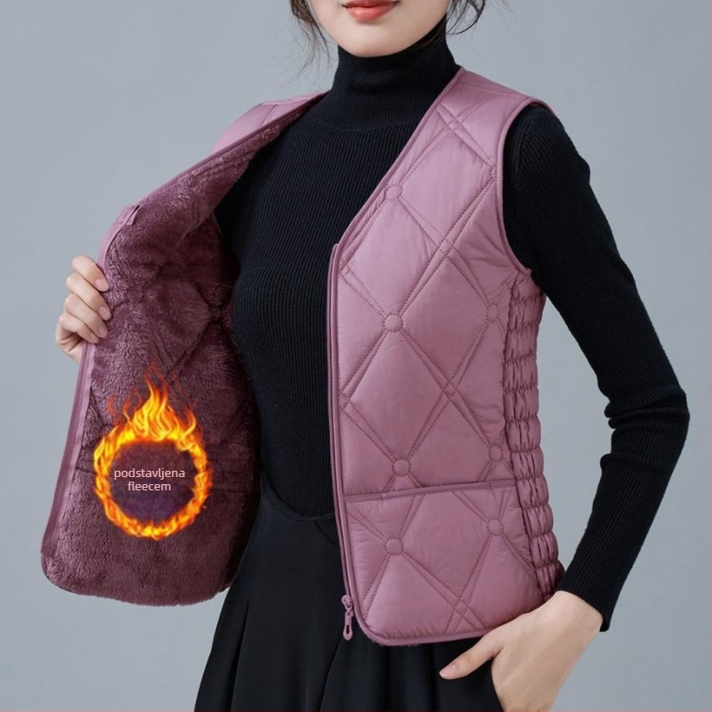 Ženska vesta od flisa i pamuka, uskog kroja, V-izrez, uzorci dijamantne mreže i točkice, punilo poliester, standardna duljina